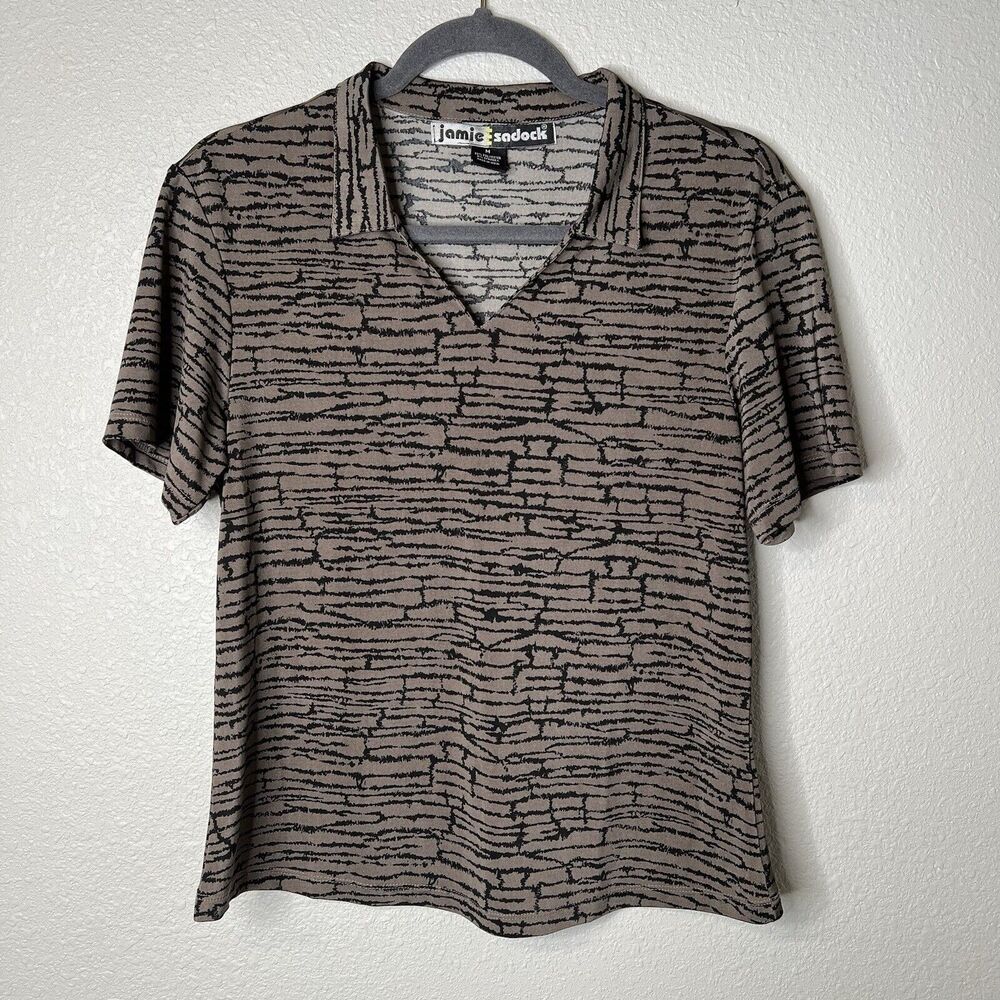 Jamie Sadock Women’s Collared Golf Top V Neck Brown Black Print Size Medium